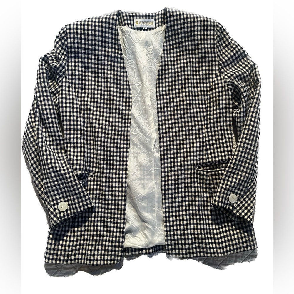 Vintage navy and cream gingham collarless blazer - 8